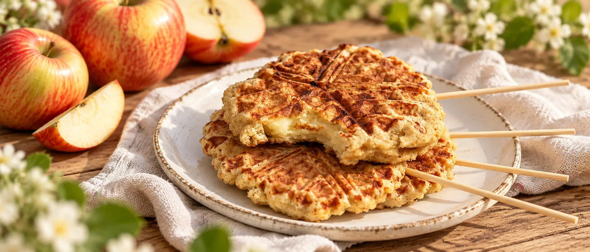 Glutenfreie Apfel-Waffel-Spieße mit Waffelstücken und Apfel auf Holzspießen