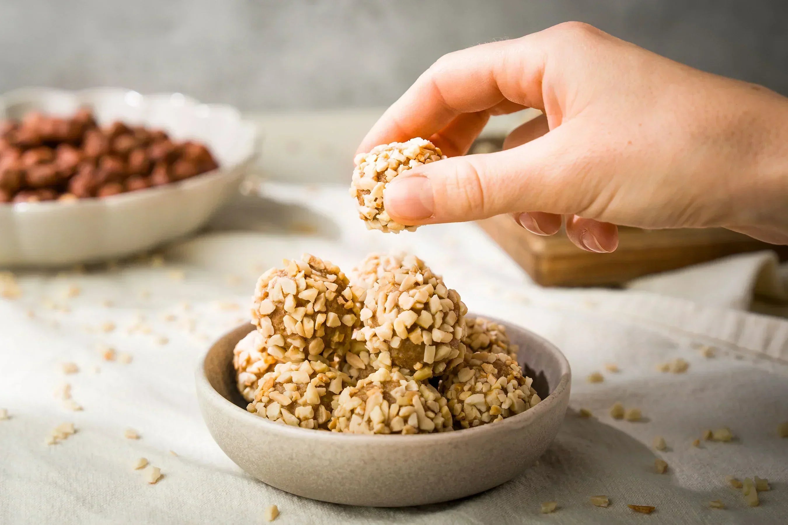 Vegane Giottokugeln mit Haselnussmus und Mandelmus, glutenfrei ohne Zuckerzusatz