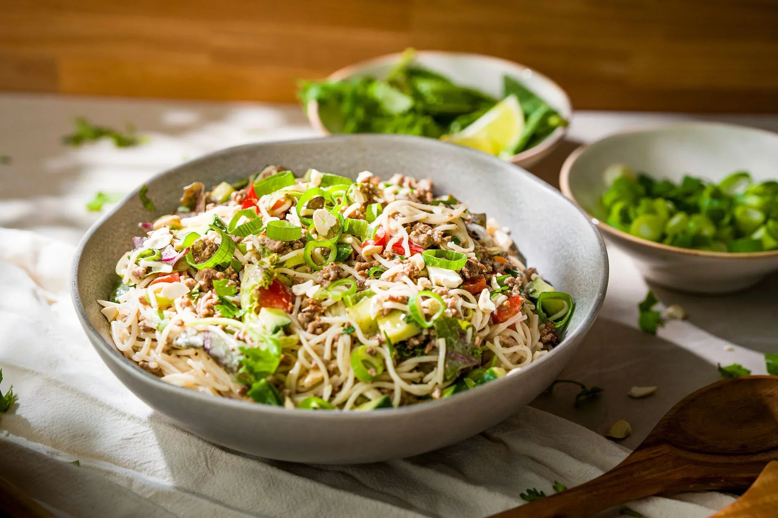 Herzhafter asiatischer Reisnudelsalat glutenfrei mit Hackfleisch, Gurke, Paprika, Koriander und Minze – NaschNatur Rezept
