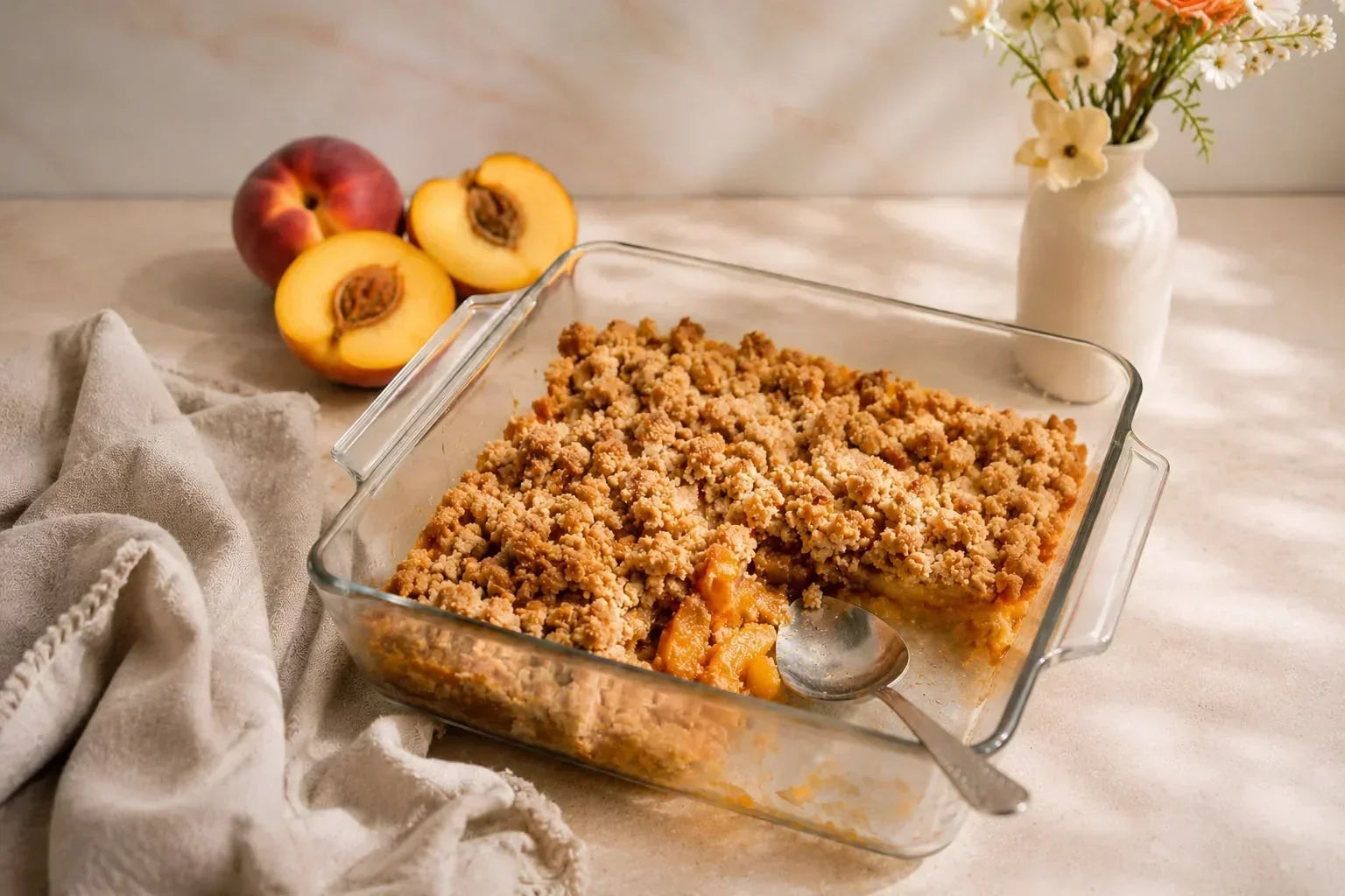 Karamellisierter Pfirsich-Crumble, vegan und glutenfrei