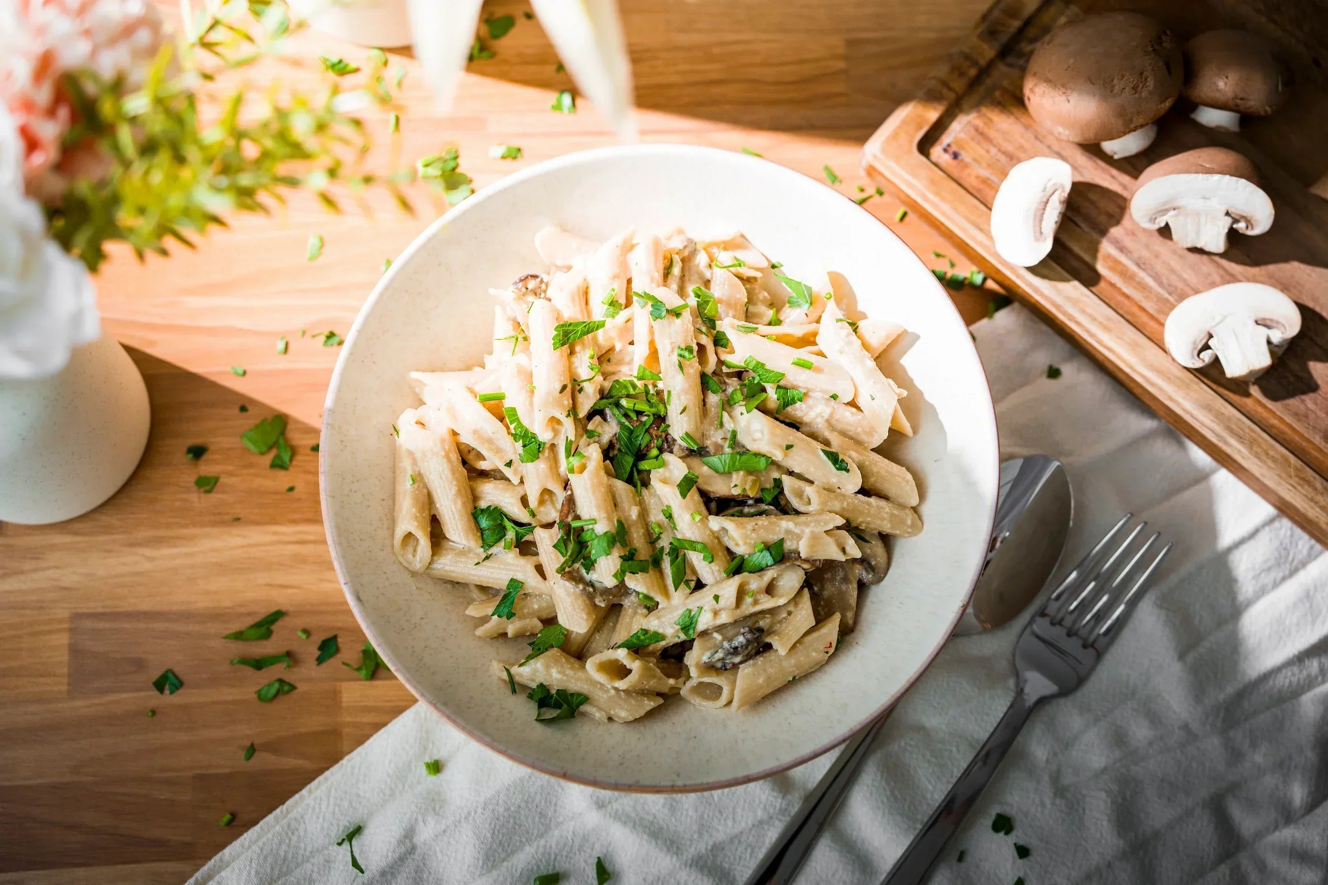 Cremige Reispenne mit Champignons, glutenfrei und ohne Sahne