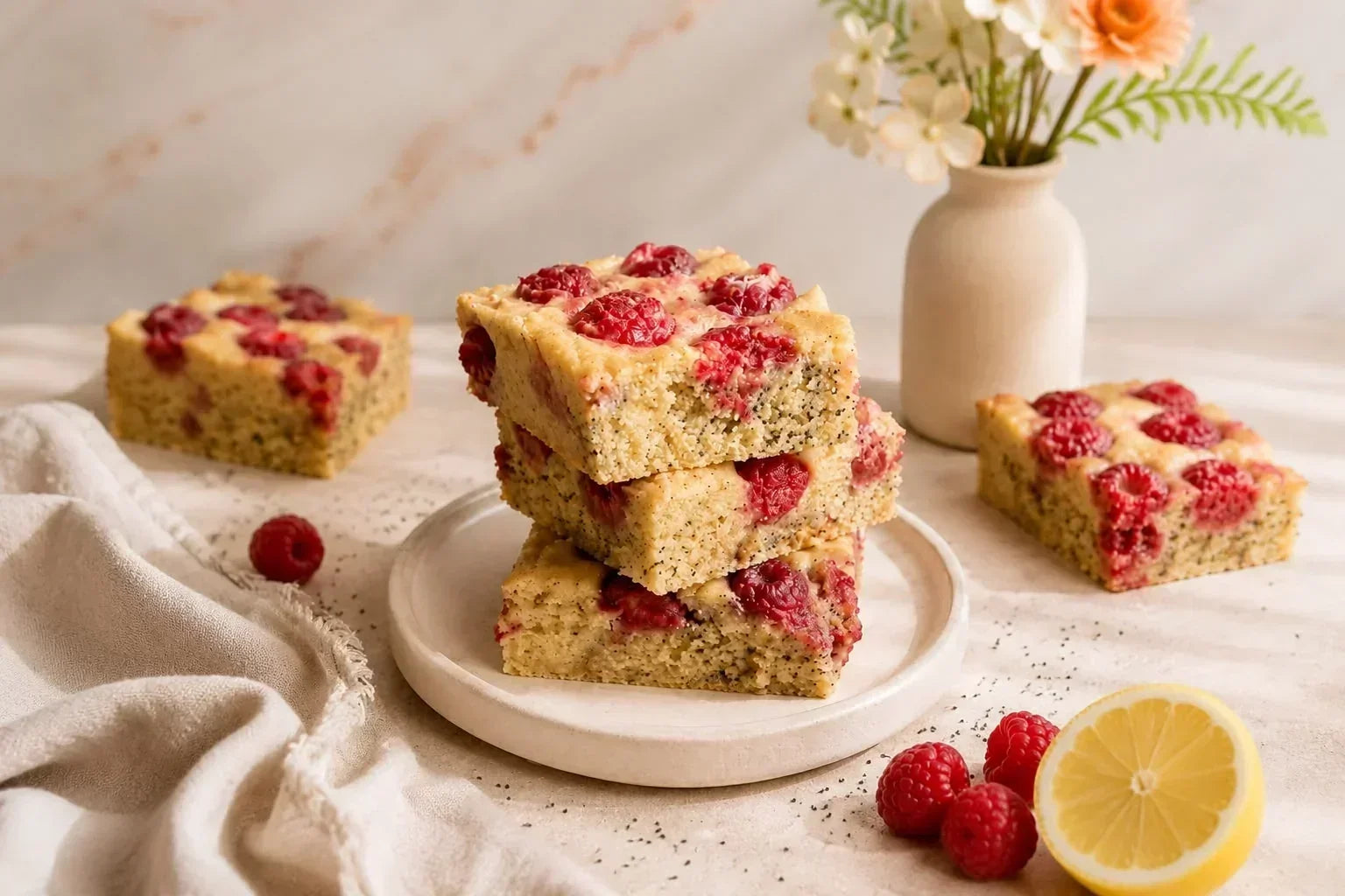 Zitronen-Mohn-Kuchen mit Himbeeren und Zitronenglasur, glutenfrei