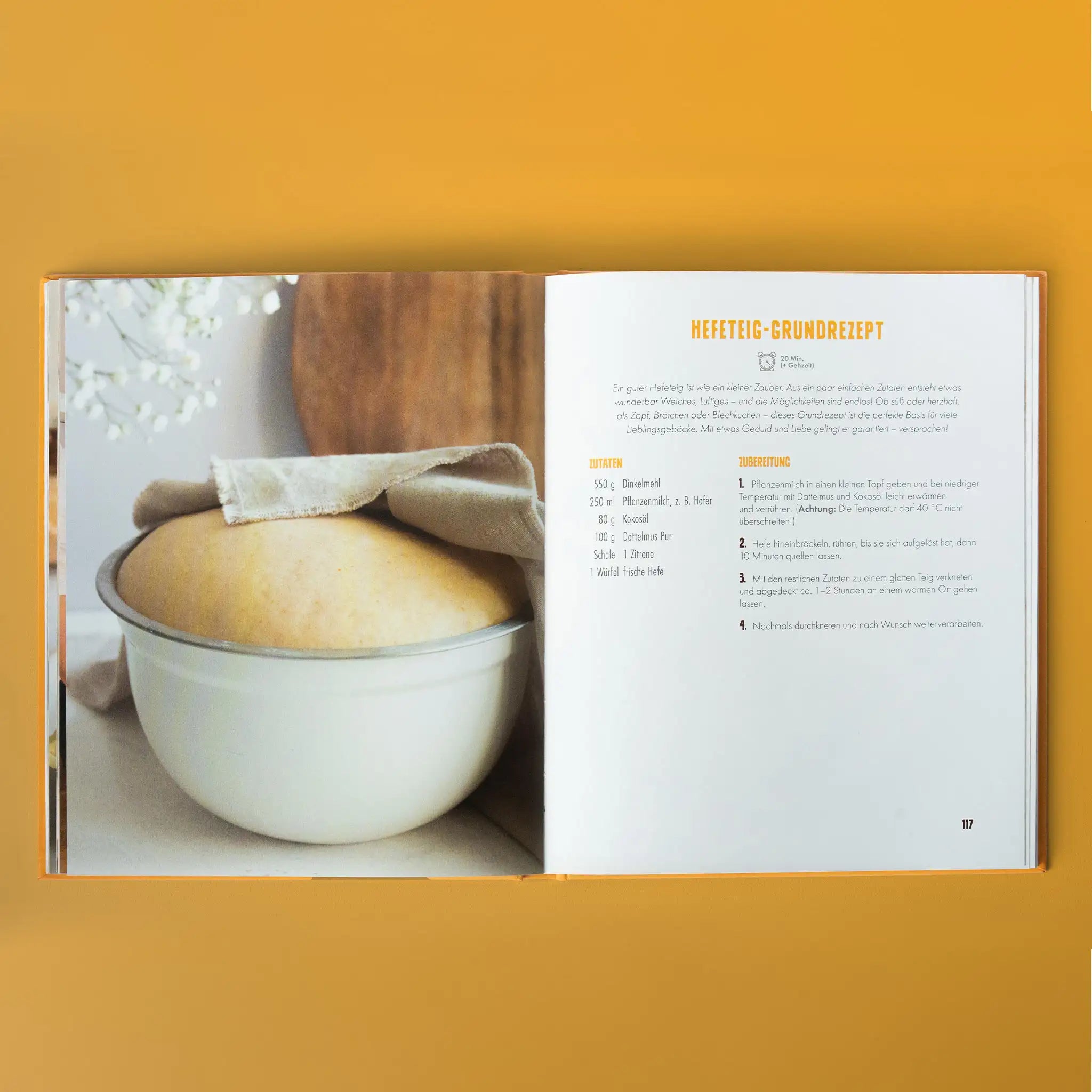 Seite 117 aus dem Buch „Bye Bye Zucker, Hallo Genuss” von Andrea Schlumpp, Rezept für Hefeteig Grundrezept.
