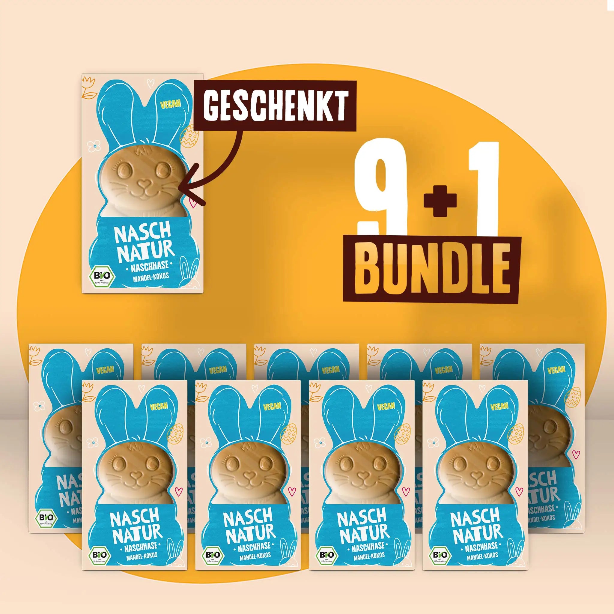 Bundle mit 9+1 NaschHasen Mandel-Kokos, Osterhasen von NaschNatur, gesüßt mit frischen Datteln.