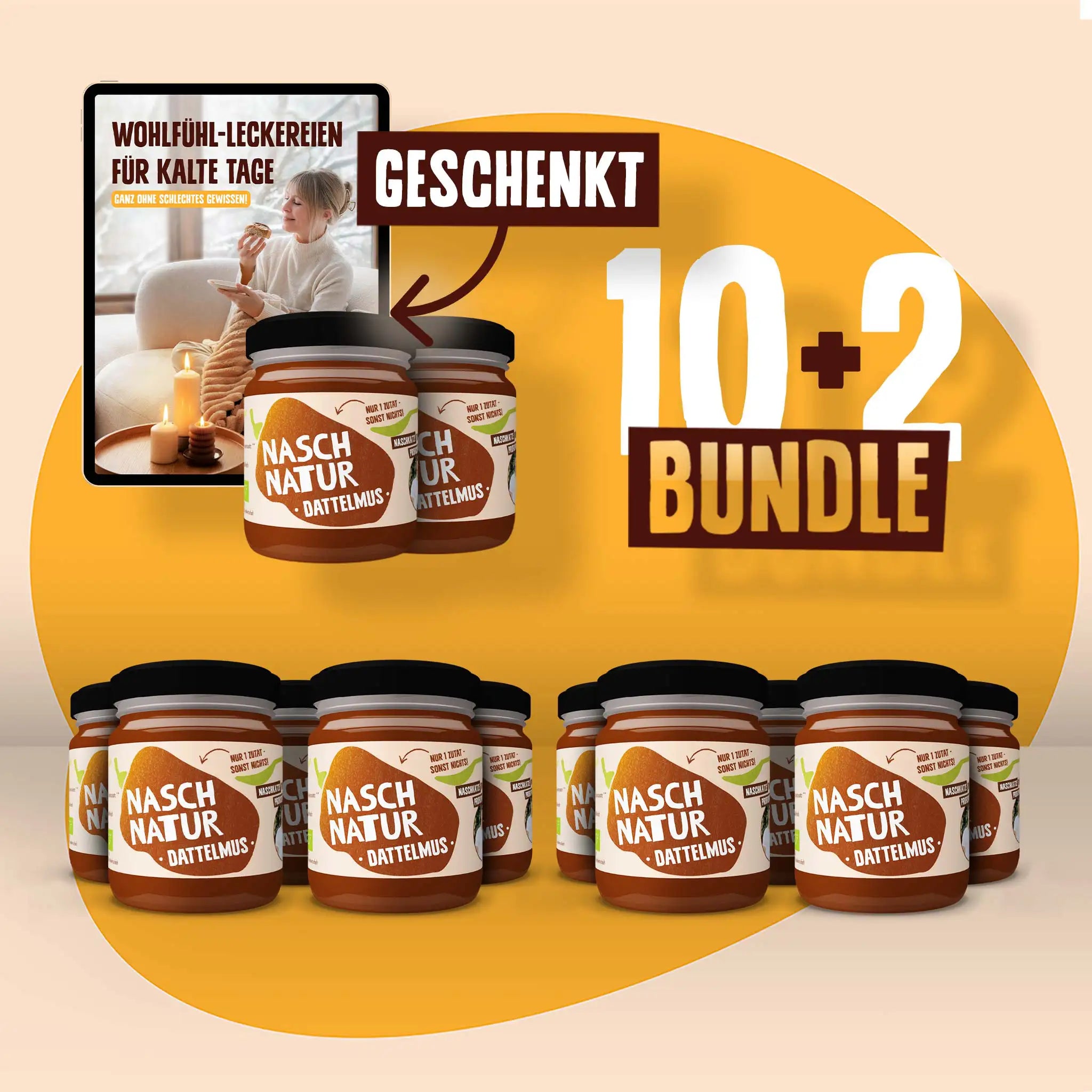 Bild des Bundles, das 12 Gläser Dattelmus Pur enthält, davon 2 als Geschenk. Ohne Zuckerzusatz, natürlich, nur mit frischen Datteln.