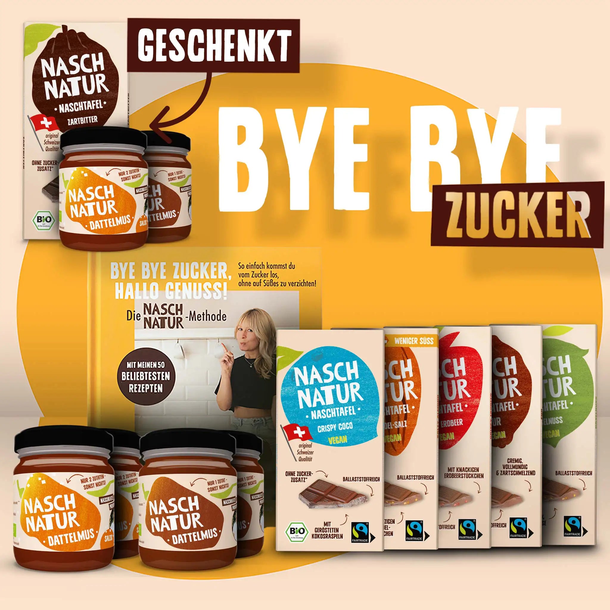 Bild des Bundles „Bye Bye Zucker Bundle” mit vier Naschtafeln, zwei Dattelmus Pur und zwei Dattelmus Salzig, dem Buch über die NaschNatur-Methode + als Geschenk 2 Dattelmus und eine Naschtafel Zartbitter.