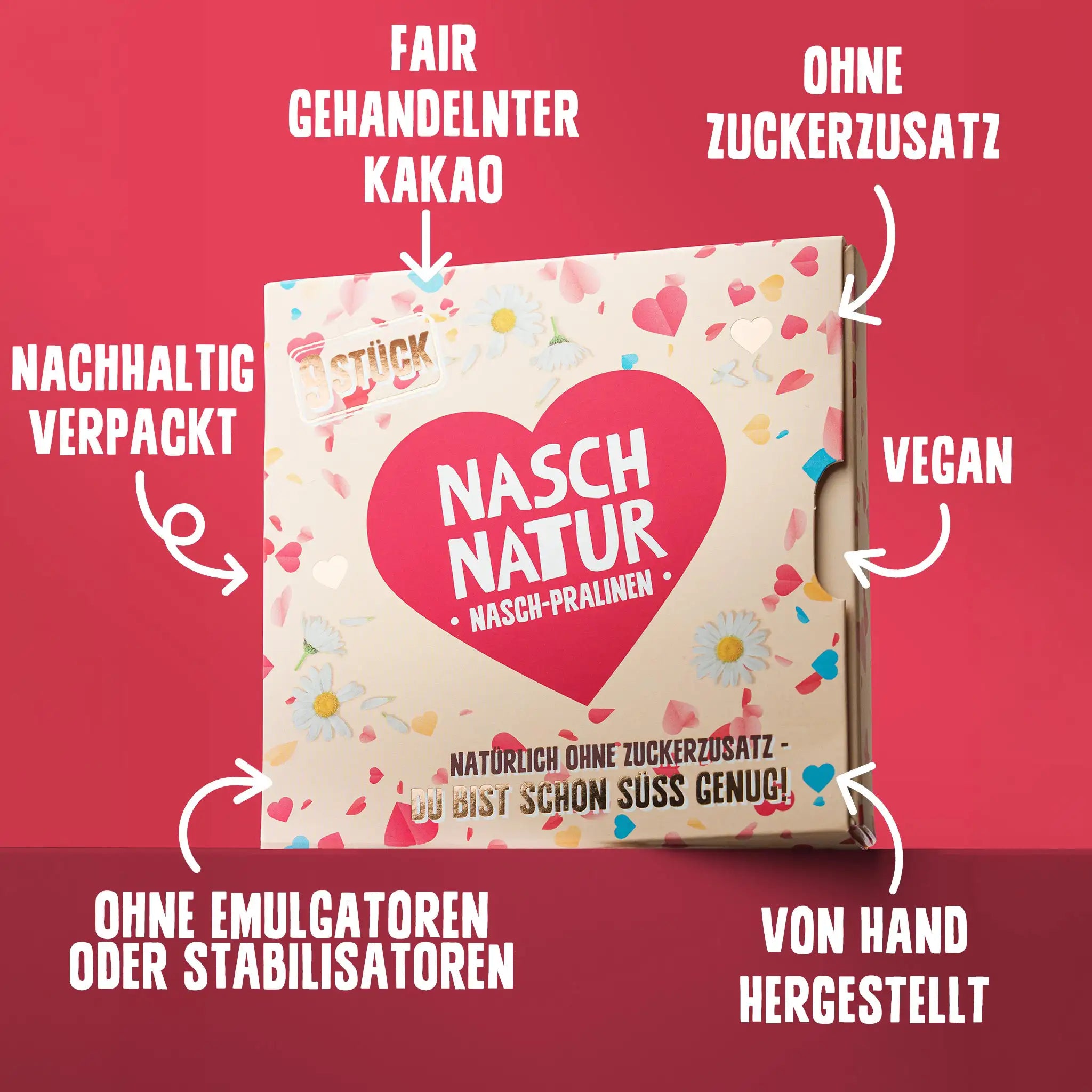 NaschNatur Pralinen ohne Zuckerzusatz – vegan, handgemacht, nachhaltig verpackt und mit fair gehandeltem Kakao.