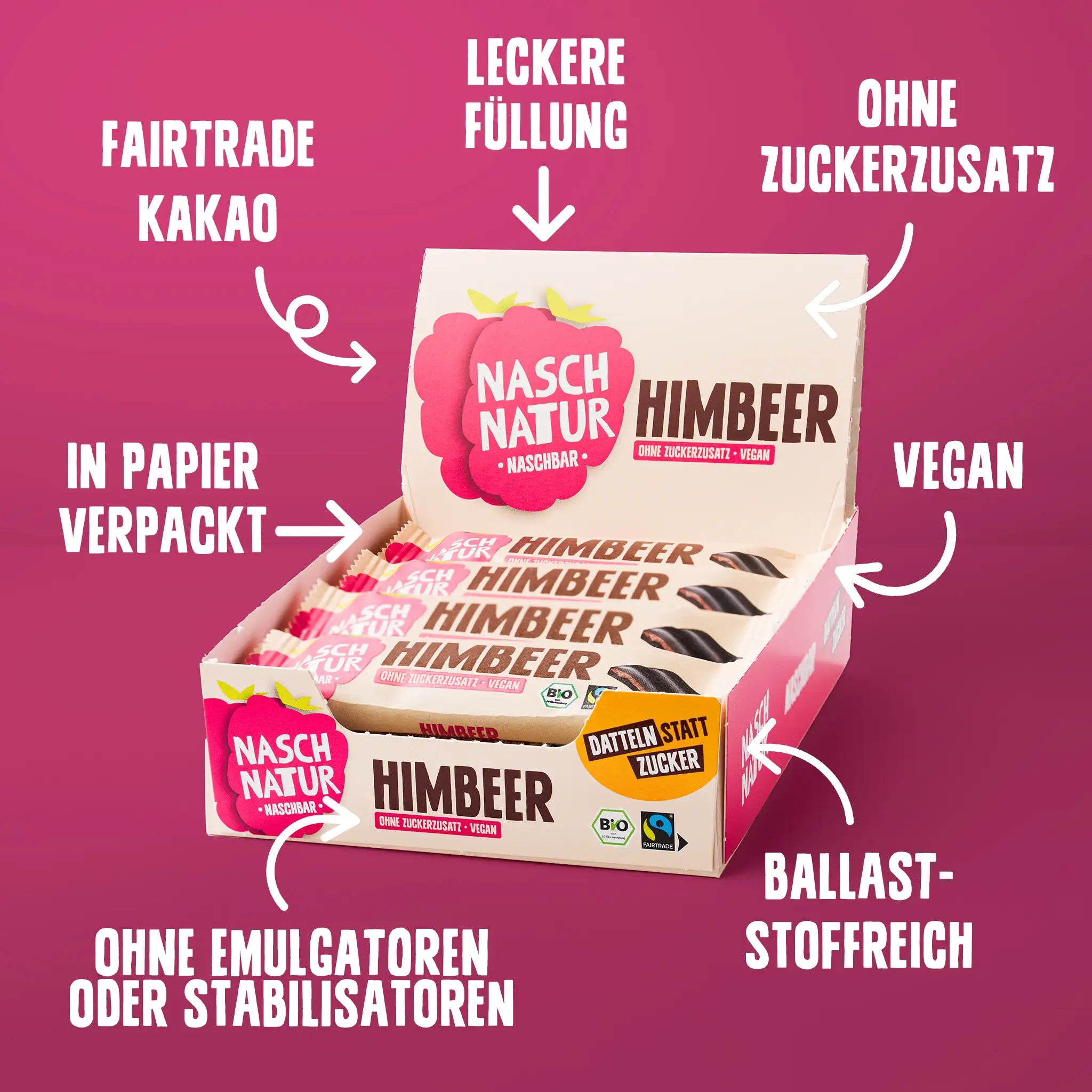 NaschBar Himbeer USPs: Fairtrade Kakao, ohne Zuckerzusatz, vegan, in Papier verpackt, ohne Emulgatoren, ballaststoffreich – NaschNatur