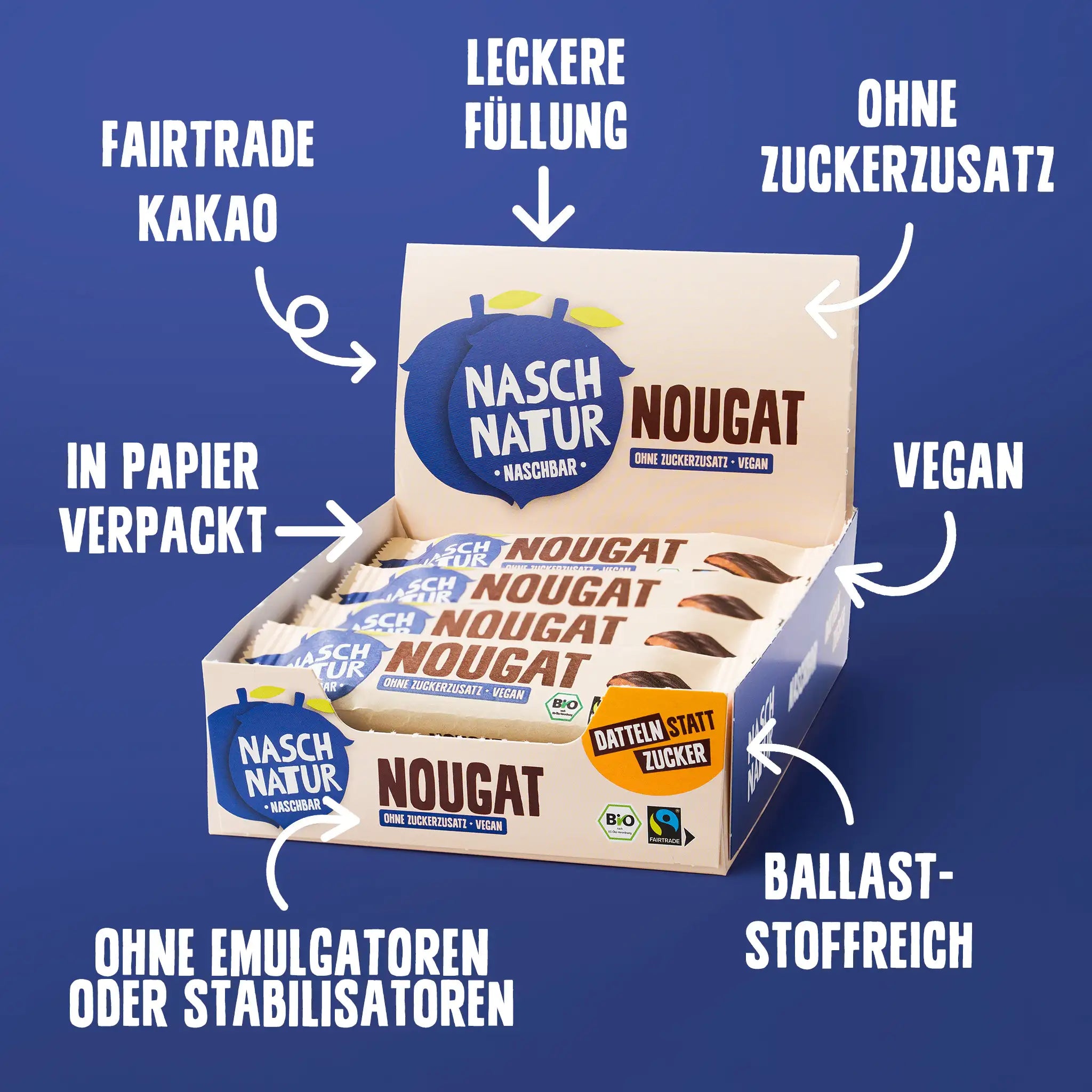 NaschBar Nougat USPs: Fairtrade Kakao, ohne Zuckerzusatz, leckere Füllung vegan, in Papier verpackt, ohne Emulgatoren, ballaststoffreich – NaschNatur