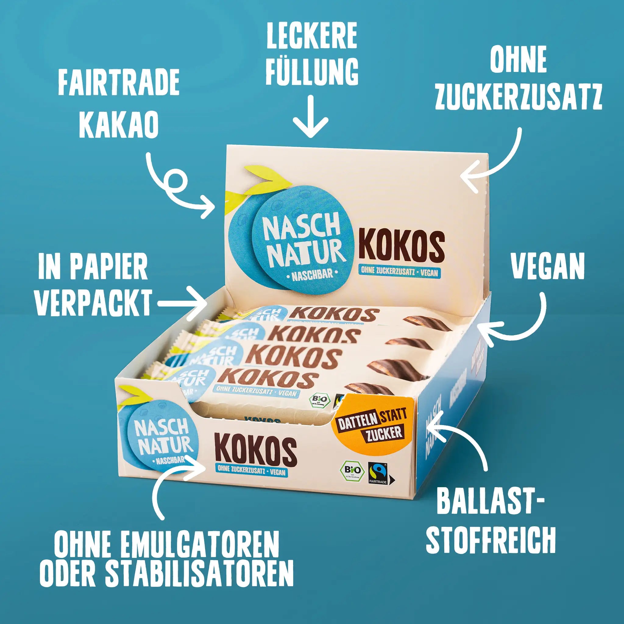 NaschBar Kokos USPs: Fairtrade Kakao, leckere Füllung, ohne Zuckerzusatz, vegan, in Papier verpackt, ohne Emulgatoren, ballaststoffreich – NaschNatur.