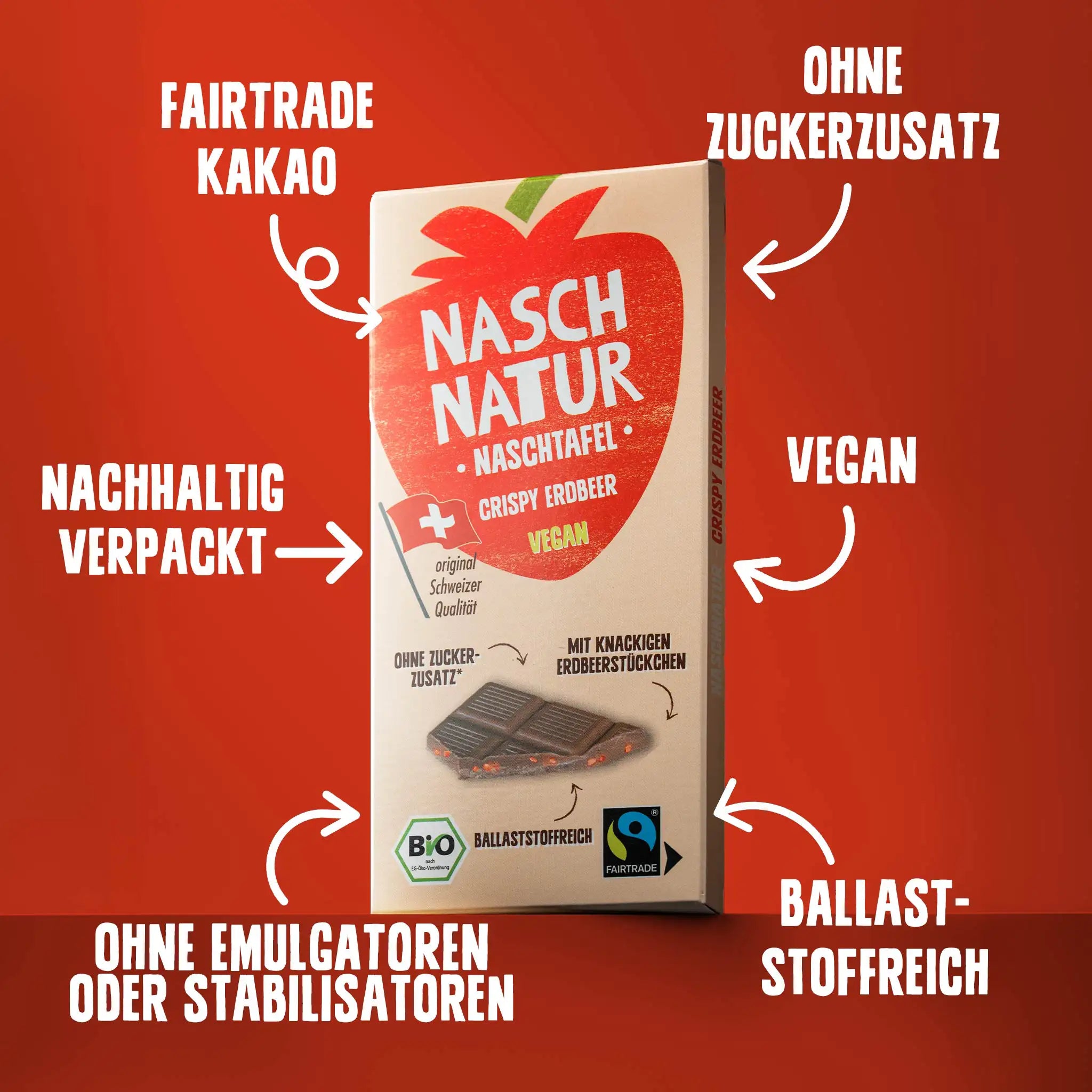 Vorteile der Schokoladentafel "Naschtafel Crispy Erdbeer": ohne Zuckerzusatz, Emulgatoren und Stabilisatoren, reich an Ballaststoffen, vegan. Von NaschNatur.