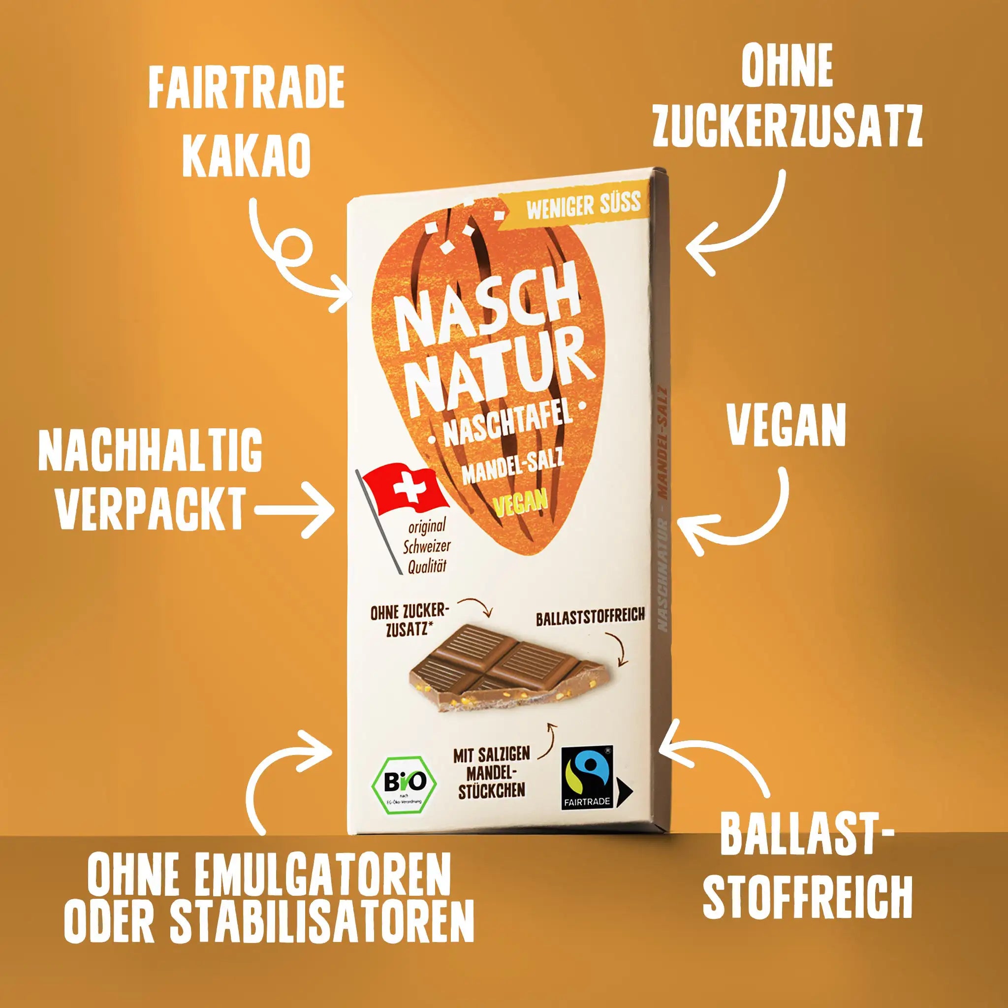 Vorteile der Schokoladentafel Mandel-Salz: ohne Zuckerzusatz, Emulgatoren und Stabilisatoren, reich an Ballaststoffen, vegan. Von NaschNatur. 