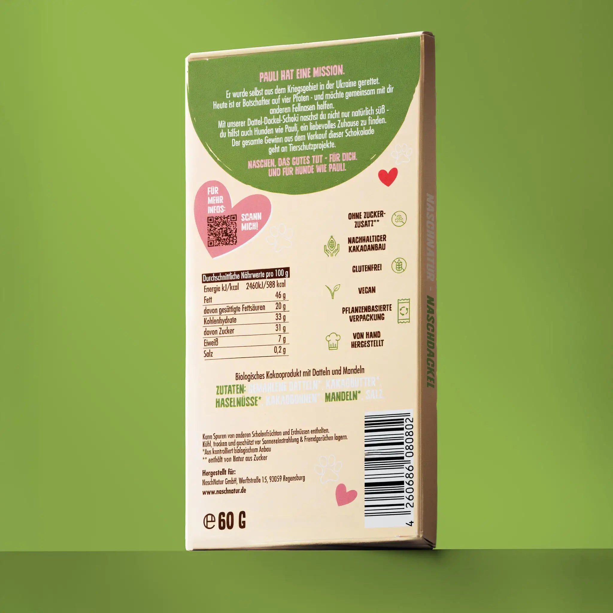 Rückseite der Schokoladentafel "NaschDackel Creamy Nougat" mit Angaben zu Nährwerten und Zutaten. Von Naschnatur.