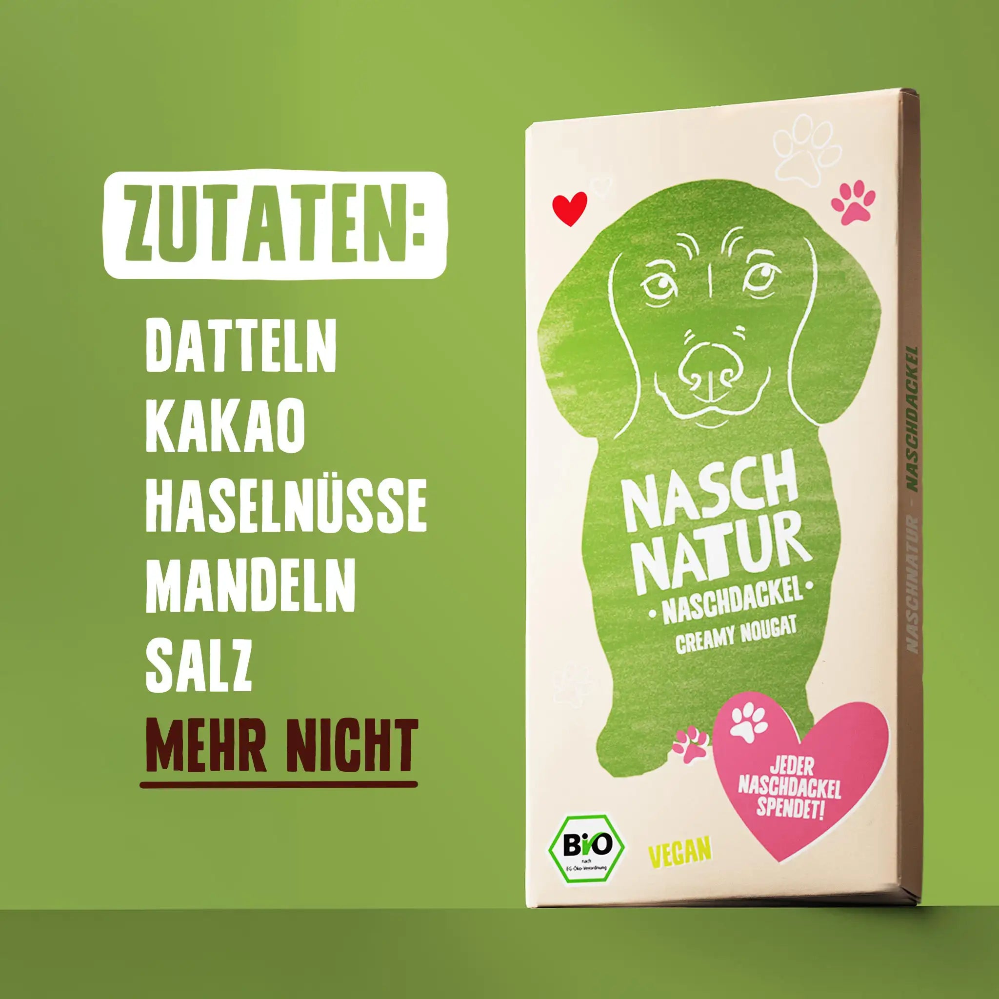 Zutaten der Schokoladentafel "NaschDackel Creamy Nougat": Datteln, Kakao, Mandeln, Salz. Mehr nicht. Von NaschNatur.