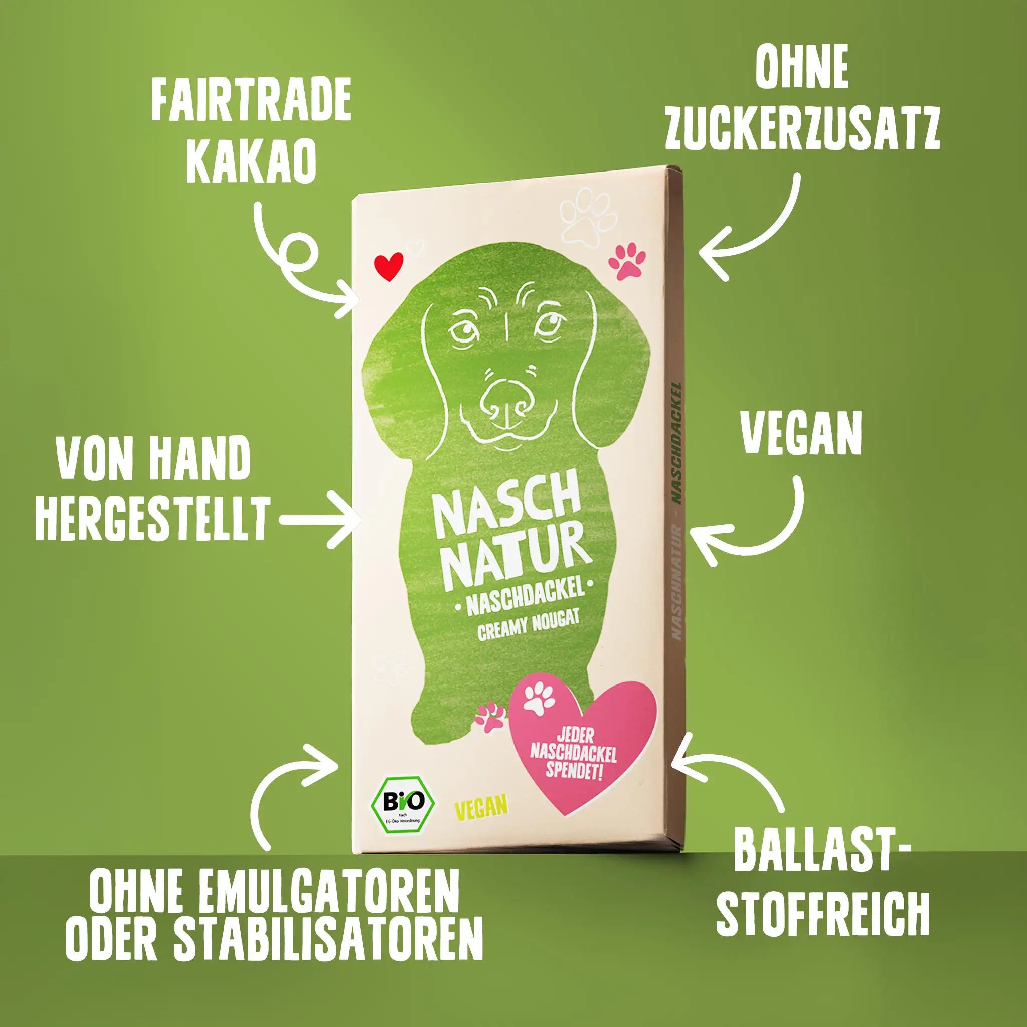 Vorteile der Schokoladentafel Naschdackel: ohne Zuckerzusatz, Emulgatoren und Stabilisatoren, reich an Ballaststoffen, vegan. Von NaschNatur.