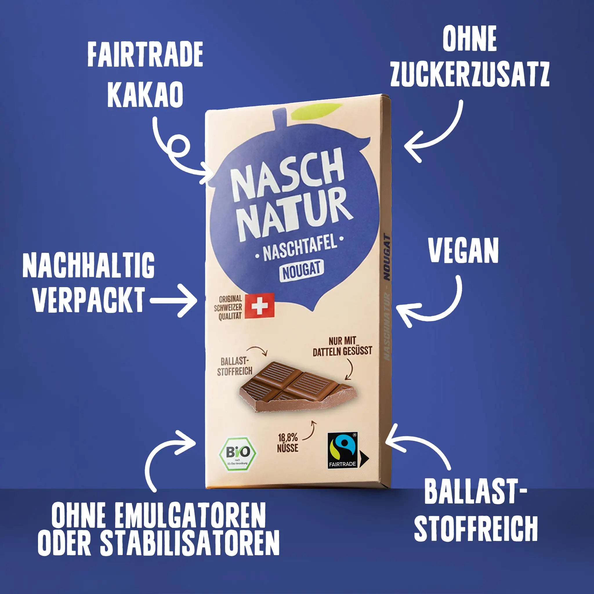 Vorteile der Schokoladentafel "NaschTafel Nougat": ohne Zuckerzusatz, Emulgatoren und Stabilisatoren, reich an Ballaststoffen, vegan. Von NaschNatur.
