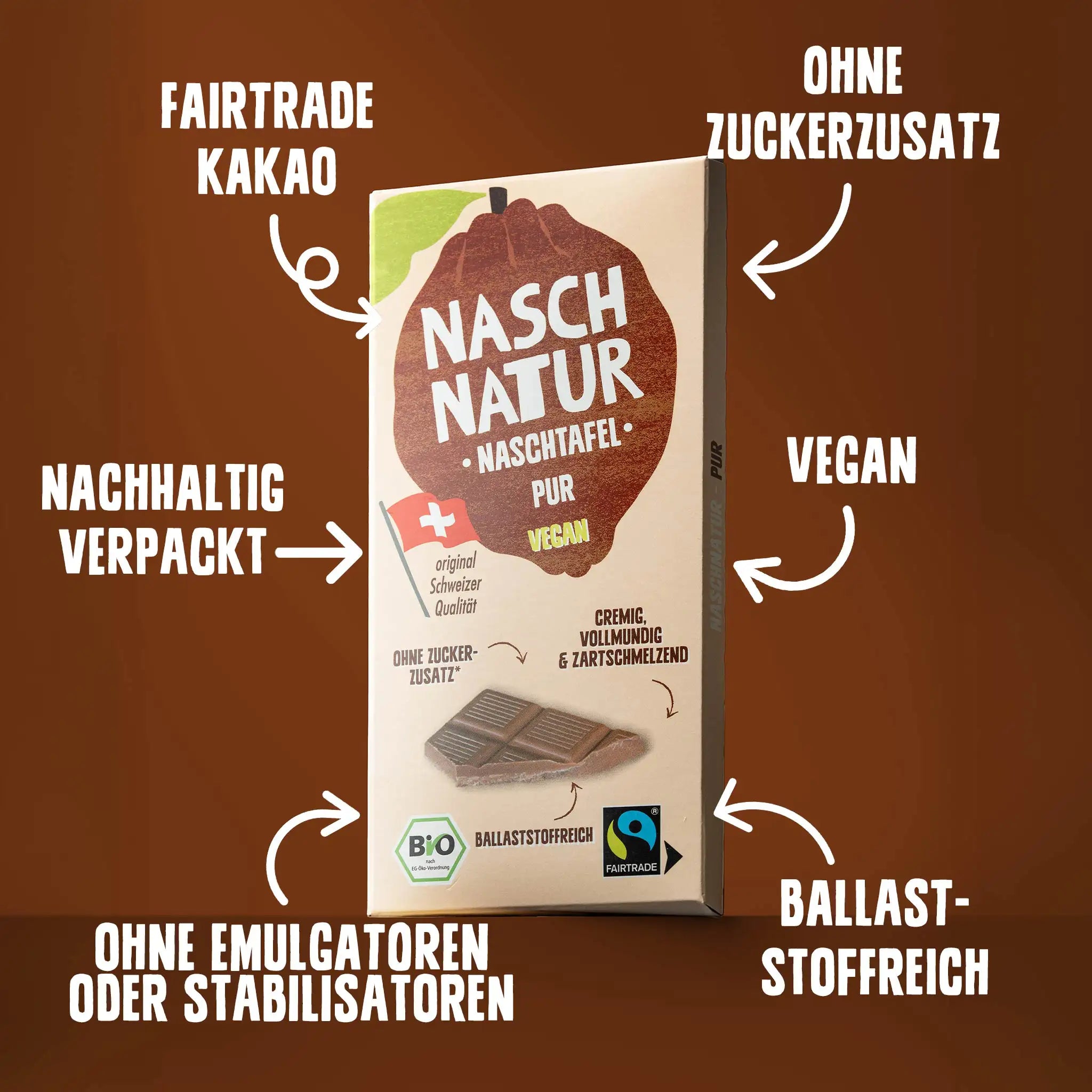 Vorteile der Schokoladentafel "Naschtafel Pur": ohne Zuckerzusatz, Emulgatoren und Stabilisatoren, reich an Ballaststoffen, vegan. Von NaschNatur.