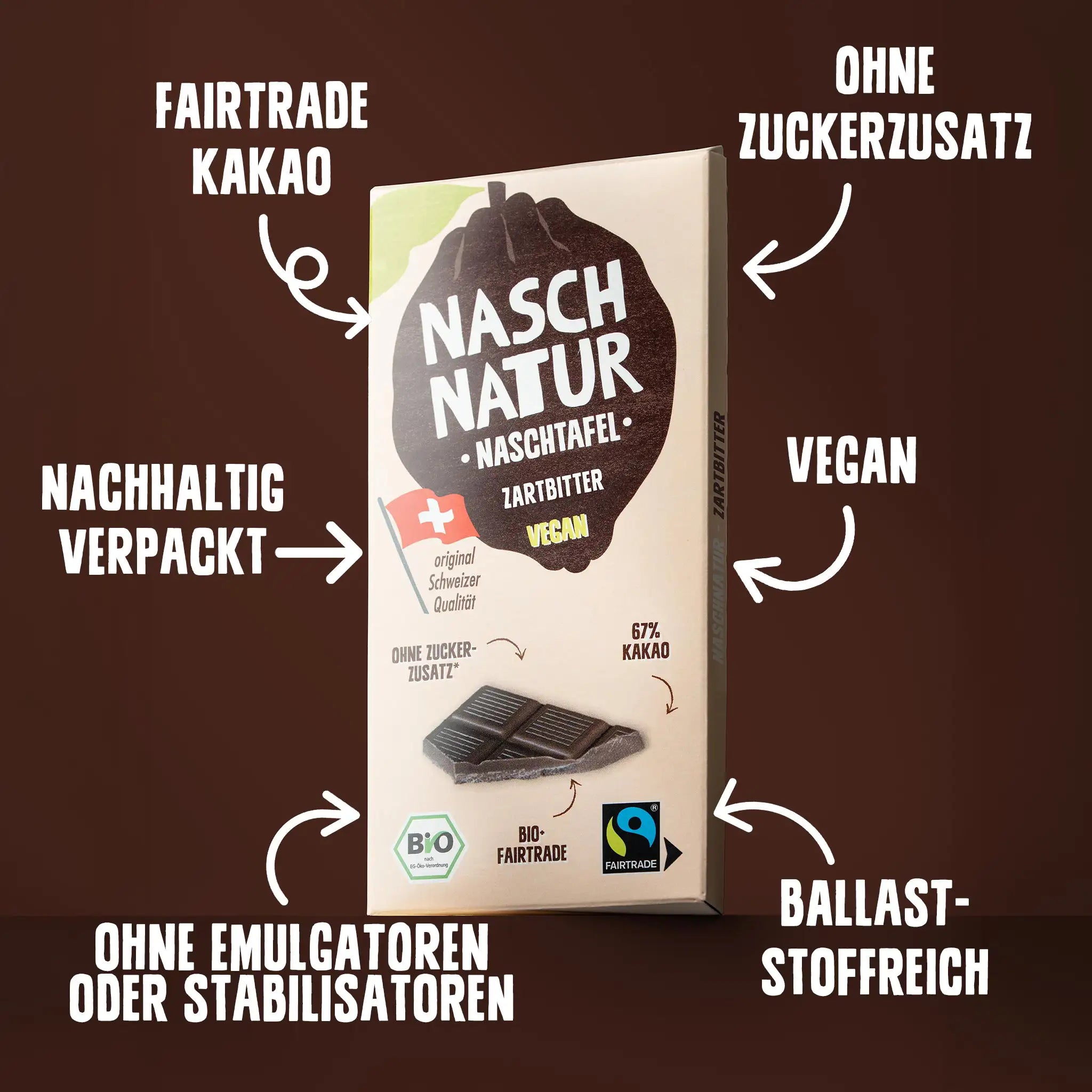 Vorteile der Schokoladentafel "Naschtafel Zartbitter": ohne Zuckerzusatz, Emulgatoren und Stabilisatoren, ballastoffreich, fairtrade Kakao, vegan. Von NaschNatur.