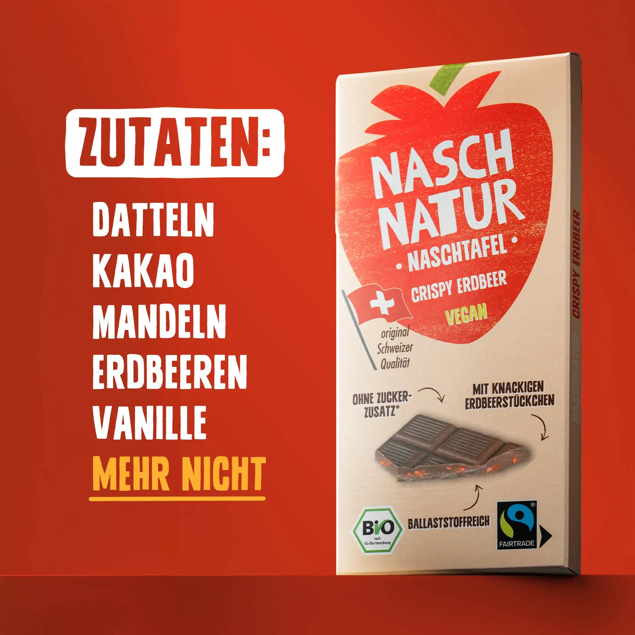 Zutaten der Schokoladentafel "Naschtafel Crispy Erdbeer": Datteln, Kakao, Mandeln, Erdbeeren und Vanille. Mehr nicht. Von NaschNatur.