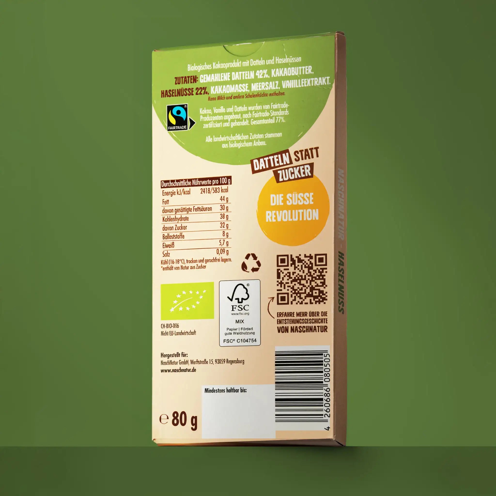 Rückseite der Schokoladentafel Naschtafel Haselnuss mit Angaben zu Nährwerten und Zutaten. Von Naschnatur.
