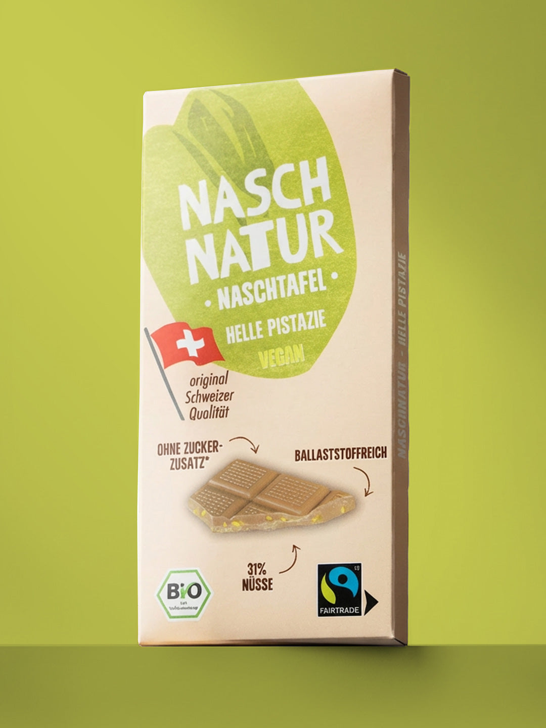 Produktbild der Schokoladentafel Helle Pistazie, gesüßt mit Datteln. Mit  Kakaobutter, Vanille, Pistazien und Mandeln. Von NaschNatur. 