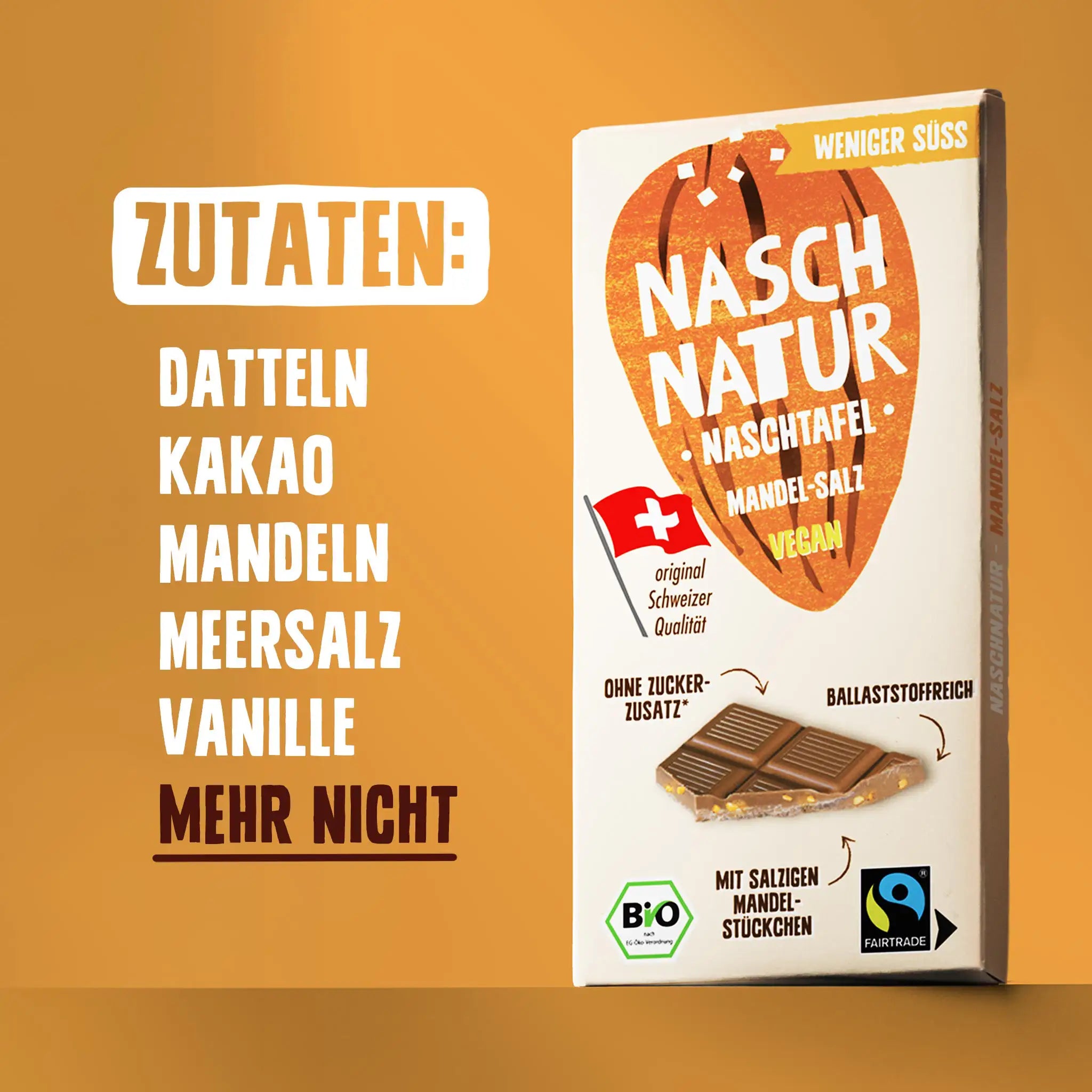 Zutaten der Schokoladentafel Mandel-Salz: Datteln, Kakao, Mandeln, Meersalz und Vanille. Mehr nicht. Von NaschNatur.