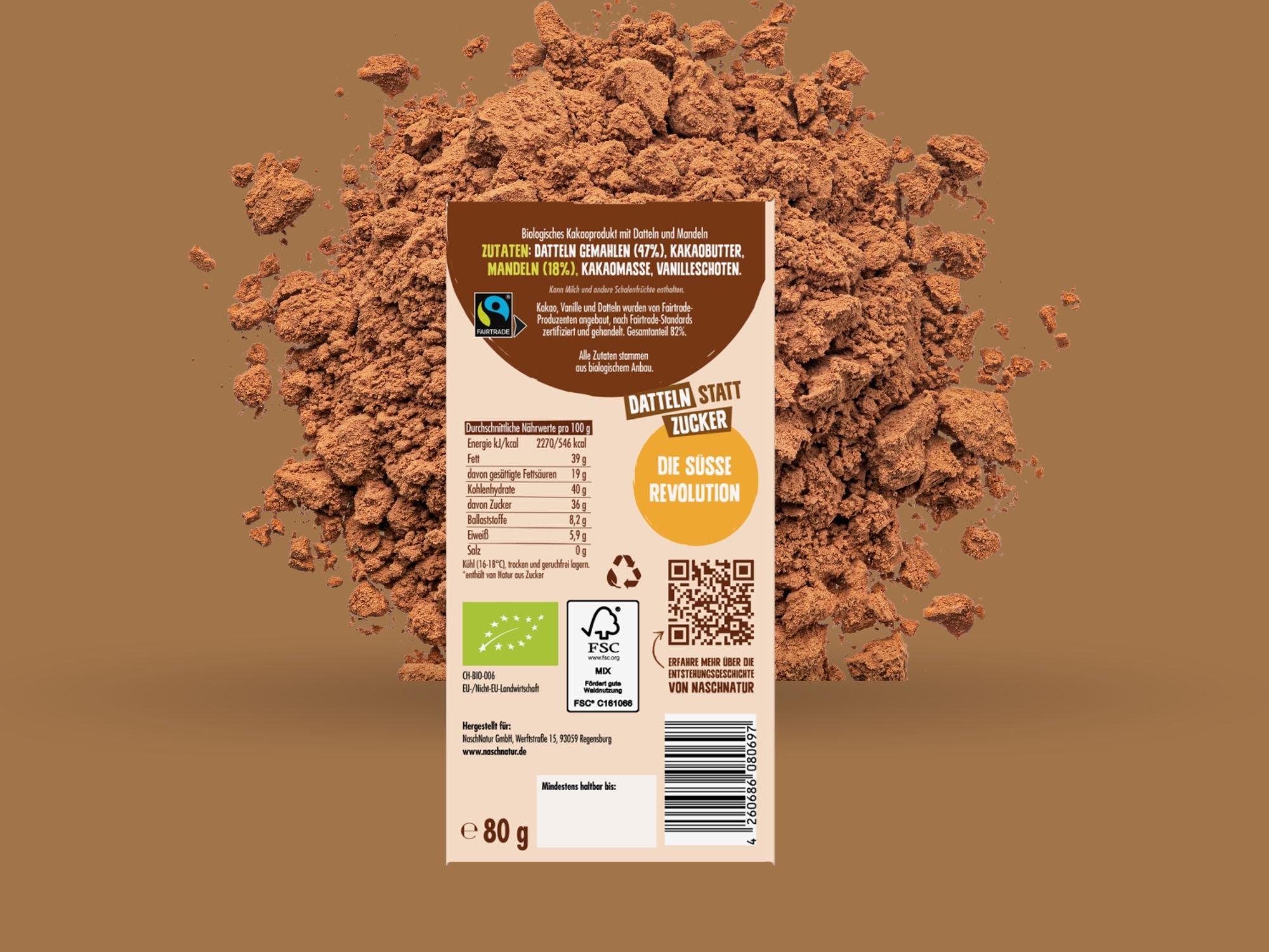 Rückseite der Schokoladentafel Naschtafel Pur mit Angaben zu Nährwerten und Zutaten. Von Naschnatur.