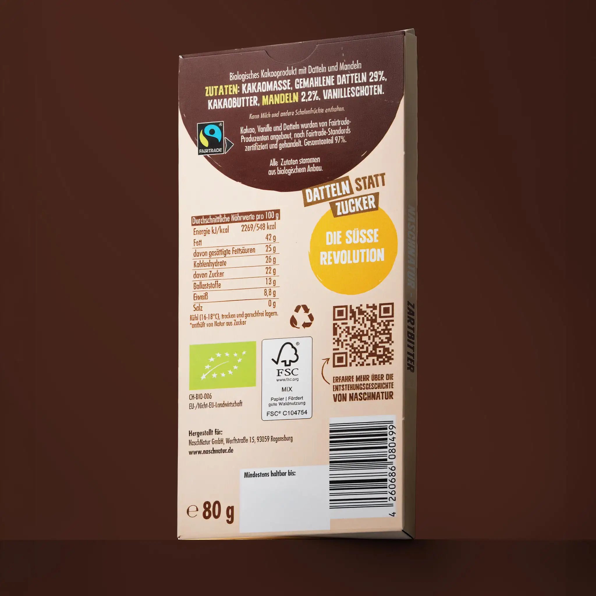 Rückseite der Schokoladentafel "Naschtafel Zartbitter" mit Angaben zu Nährwerten und Zutaten. Von Naschnatur.