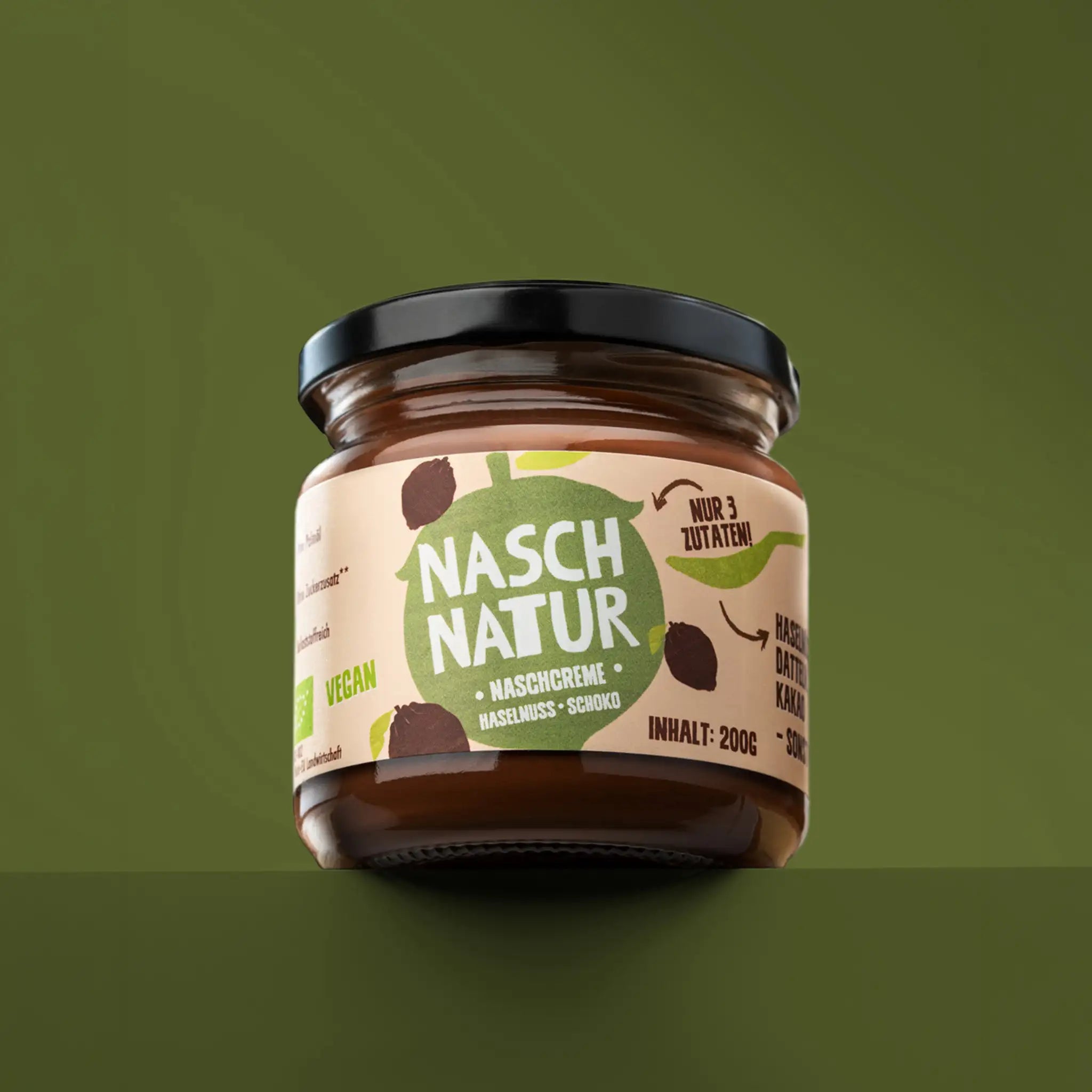 Produktbild der Naschcreme Haselnuss-Schoko "NaschTella", gesüßt mit frischen Datteln.