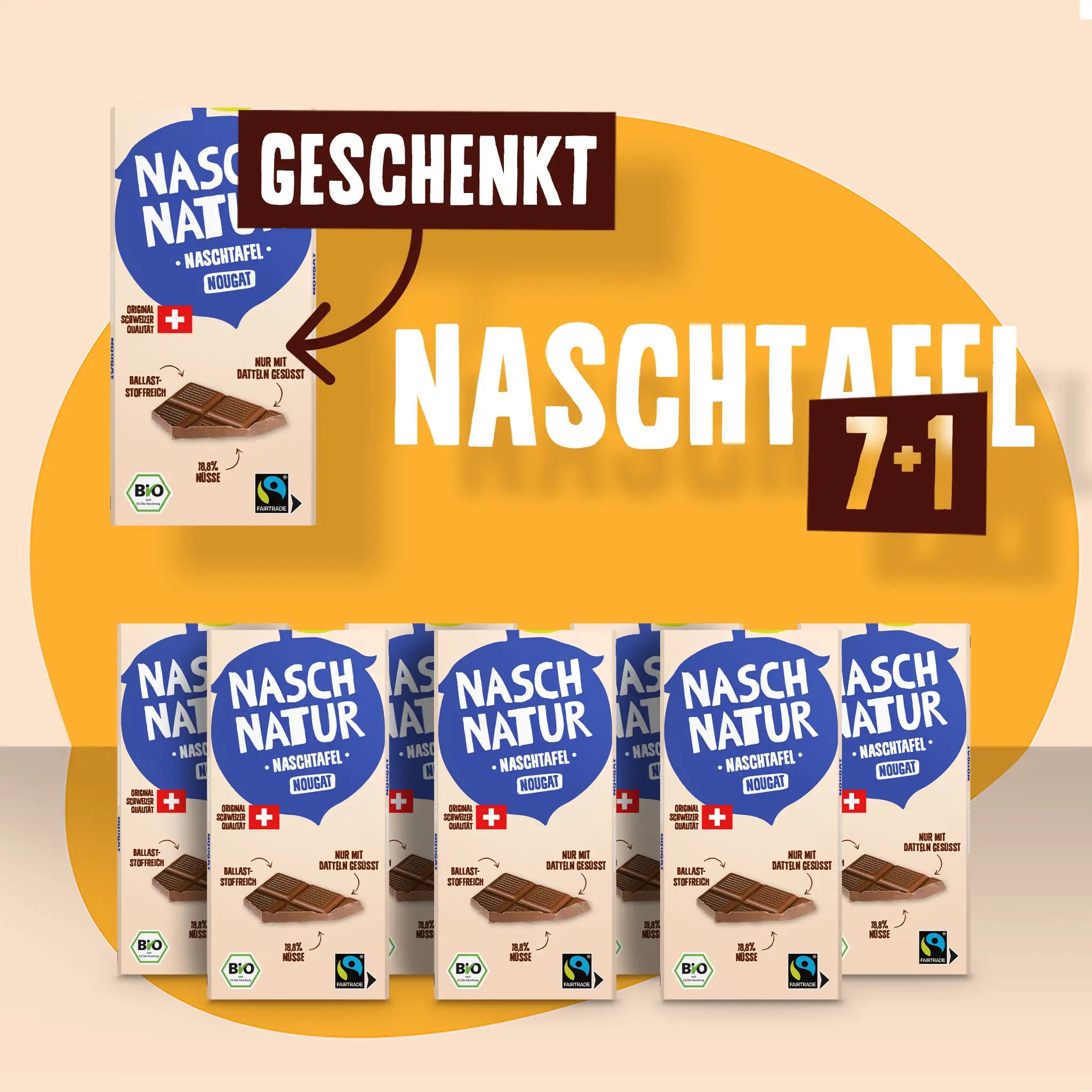 Produktbild des Bundles bestehend aus 7 plus 1 gratis Naschtafel Nougat, gesüßt mit Datteln. Von NaschNatur.