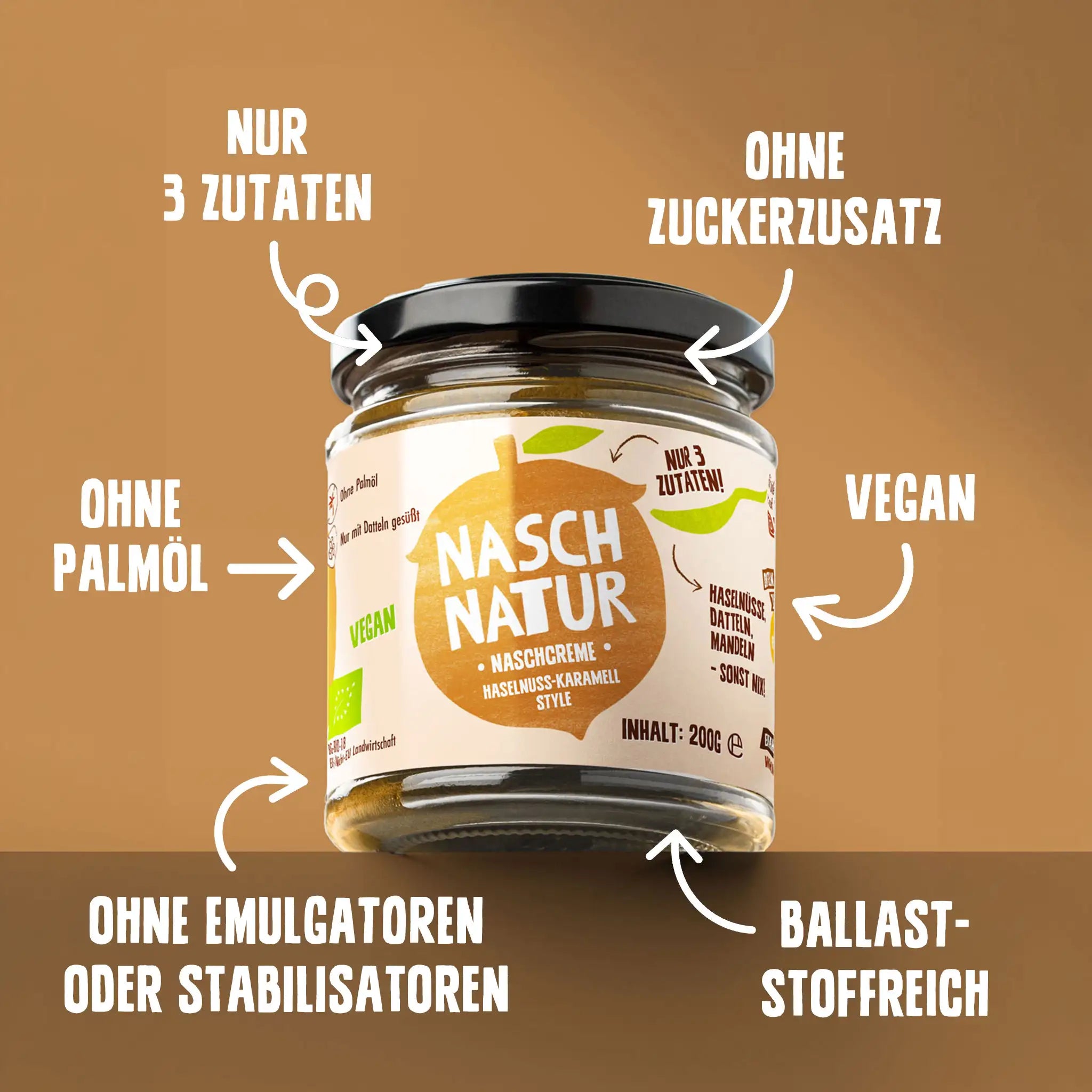 Vorteile der Haselnusscreme „NaschMella” von NaschNatur: ohne Zuckerzusatz, Emulgatoren und Stabilisatoren, reich an Ballaststoffen, vegan, ohne Palmöl.