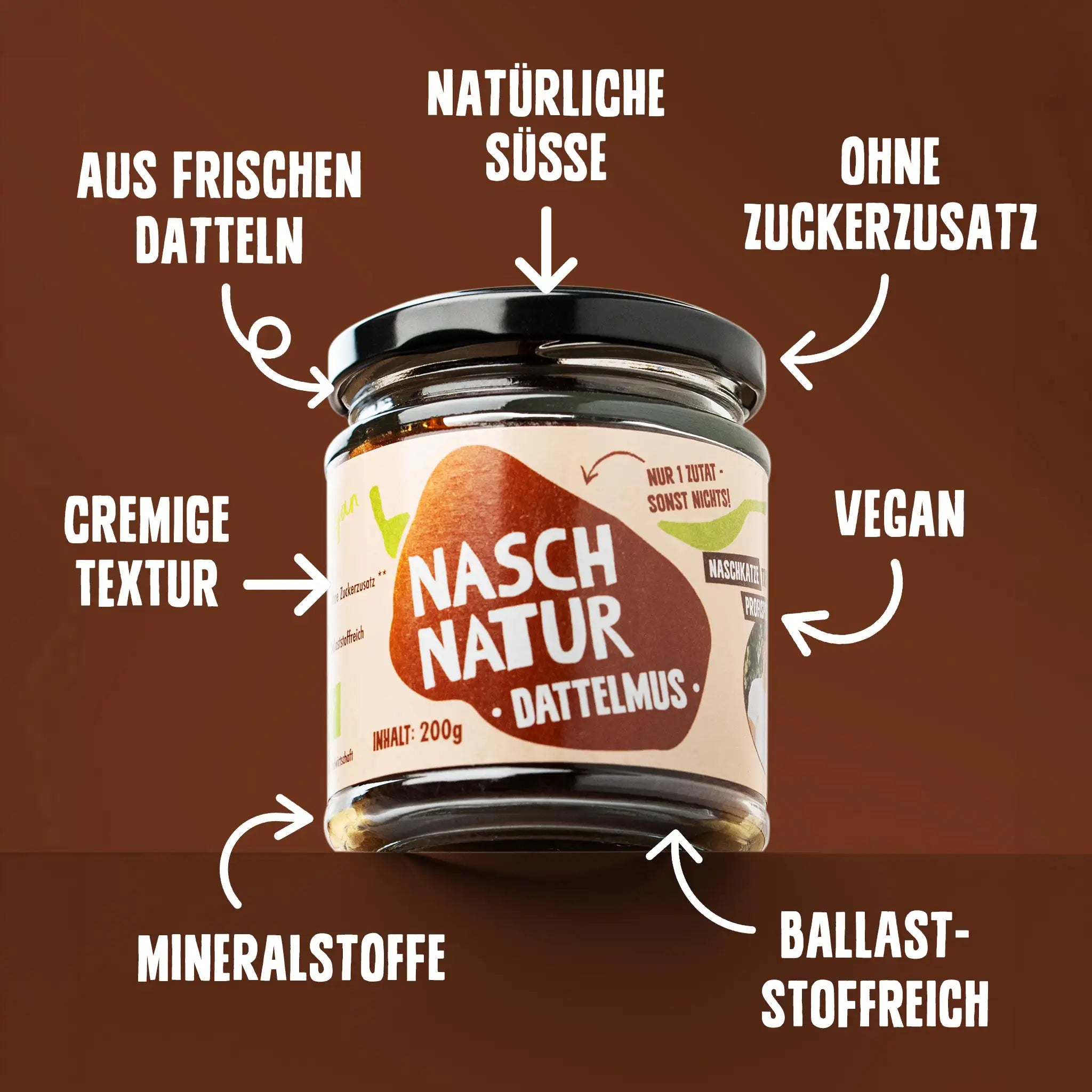 Vorteile von NaschNatur Dattelmus Pur aus frischen Datteln: ohne Zuckerzusatz, Ballaststoffreich, vegan, natürliche Süsse und cremige Textur. 