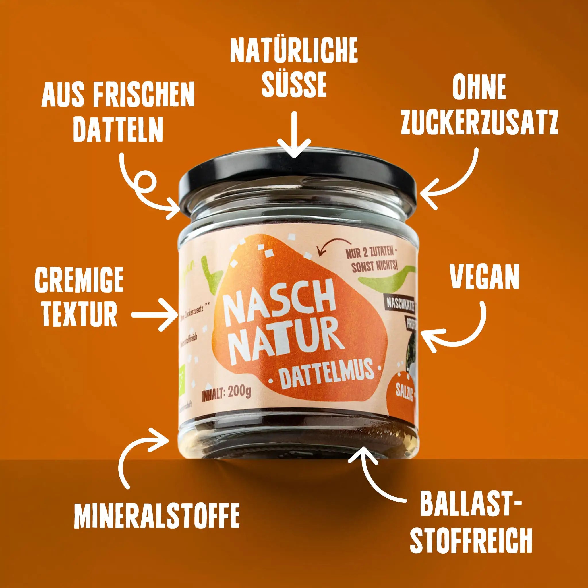 Vorteile von NaschNatur Dattelmus Salzig aus frischen Datteln: ohne Zuckerzusatz, Ballaststoffreich, vegan, natürliche Süsse und cremige Textur. 