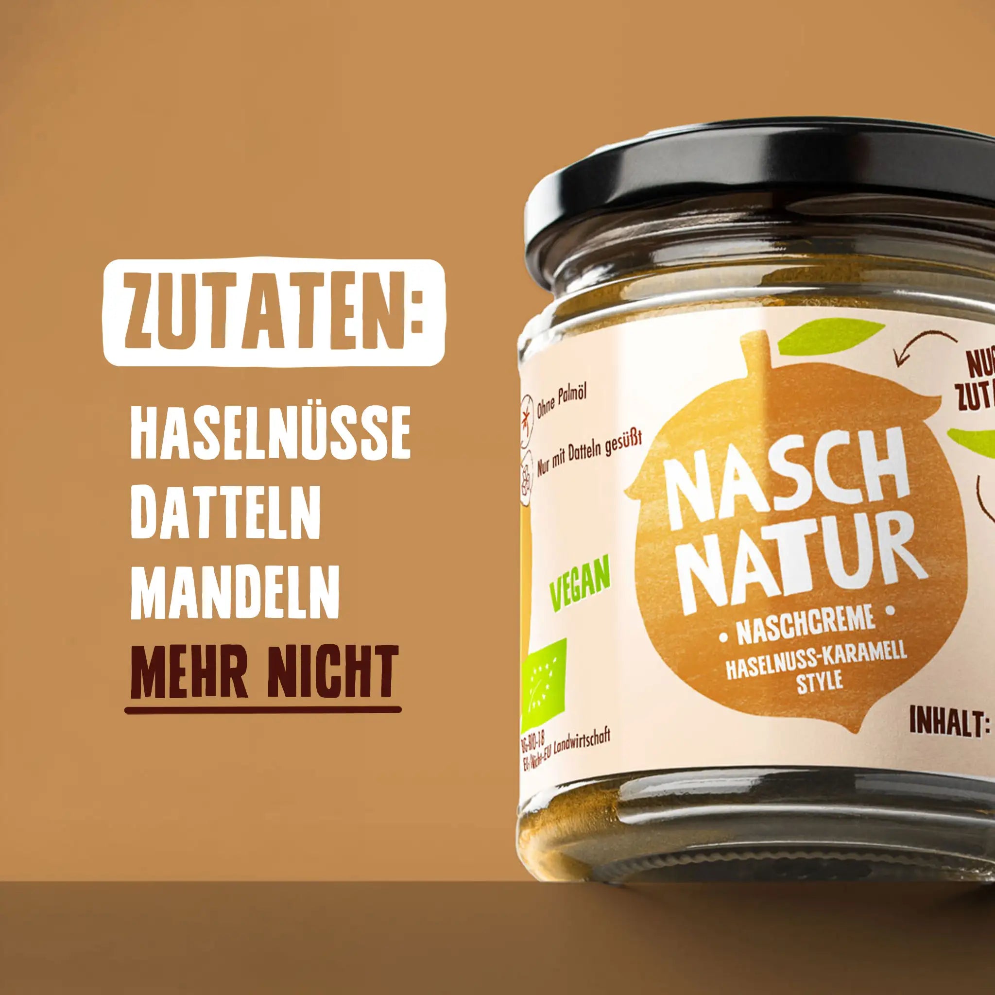 Zutaten der Haselnusscreme „NaschMella” von NaschNatur: Mandeln, Datteln und Haselnüsse, mehr nicht.